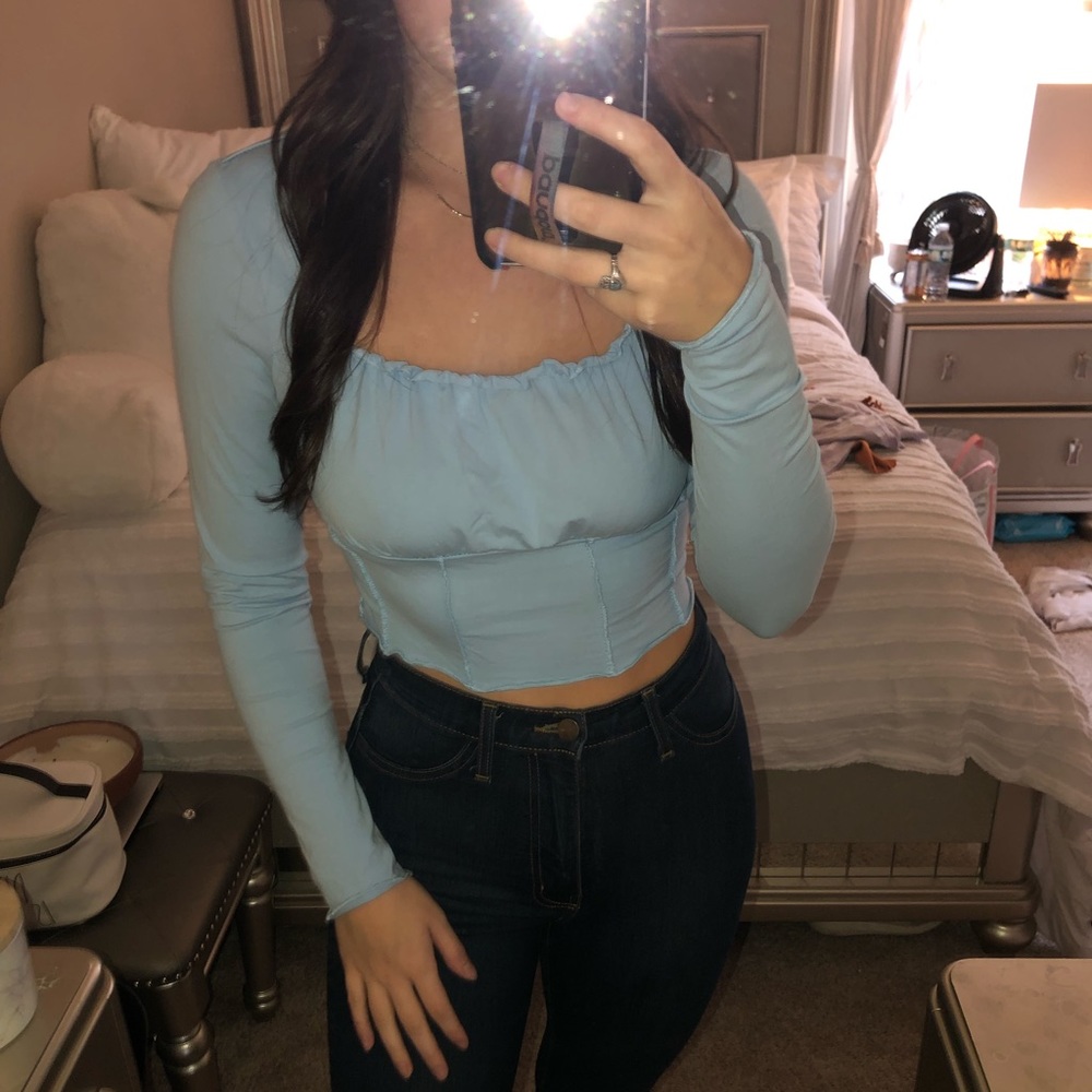 Blue Long Sleeve Crop Shirt